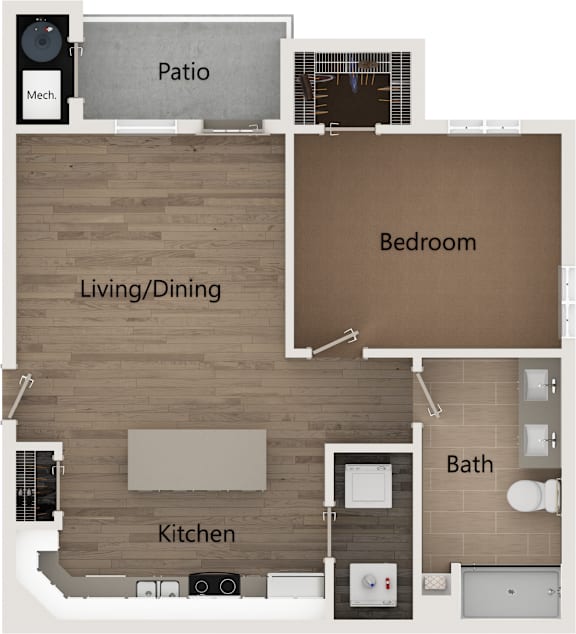 A floor plan of a house with a patio, living/dining area, kitchen, bathroom, and bedroom.