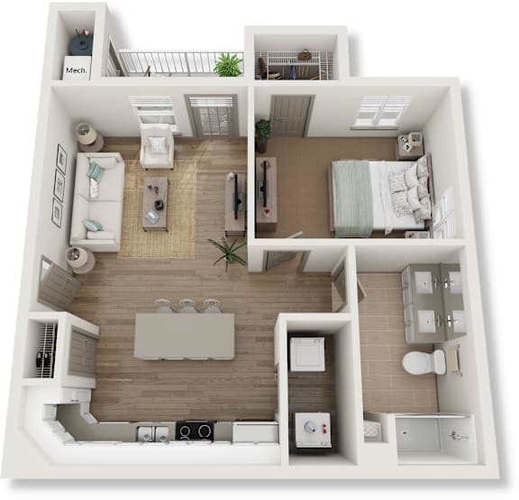 A 3D floor plan of a small apartment with a kitchen, living room, bedroom, and bathroom.