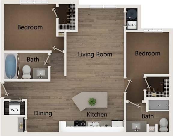 A floor plan of a small apartment with a living room, dining room, kitchen, and two bedrooms.