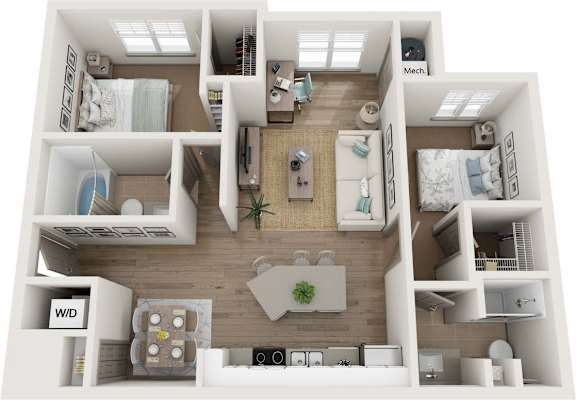 A 3D floor plan of a house layout.