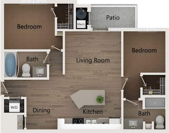 A floor plan of a house with a living room, dining room, kitchen, two bedrooms, a bath, and a patio.
