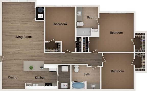 A floor plan of a home with a living room, dining room, kitchen, and three bedrooms.
