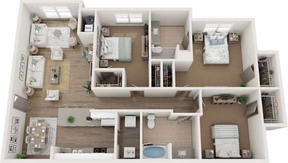 A 3D floor plan of a house with two bedrooms, a living room, a kitchen, a bathroom, and a dining area.