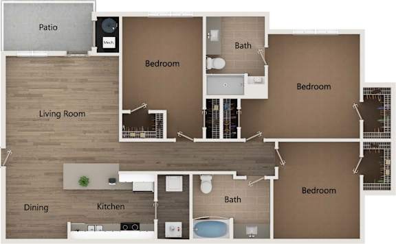 A floor plan of a house with a patio, living room, dining area, kitchen, and three bedrooms.