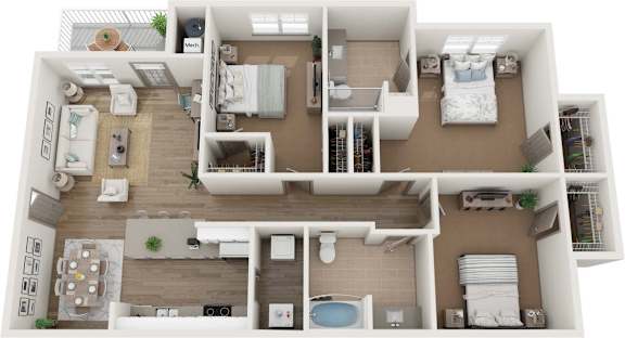 A 3D floor plan of a small apartment with a kitchen, living room, and bedrooms.