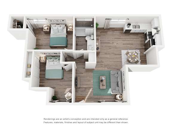 A 3D floor plan of a house with three bedrooms, a living room, a kitchen, and a bathroom.