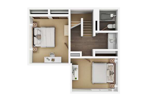 A top-down view of a small apartment with a bedroom and a living area.