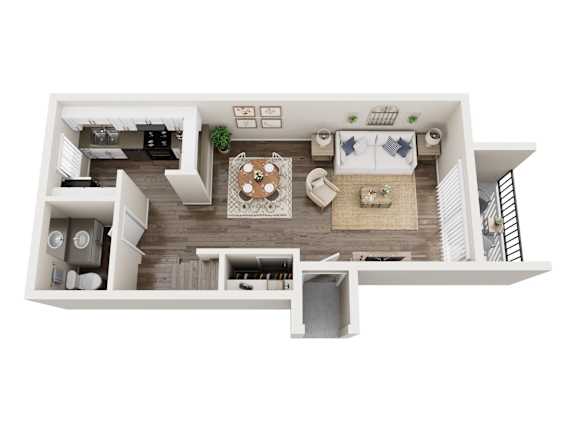 A top-down view of a modern apartment layout with a kitchen, living room, and dining area.
