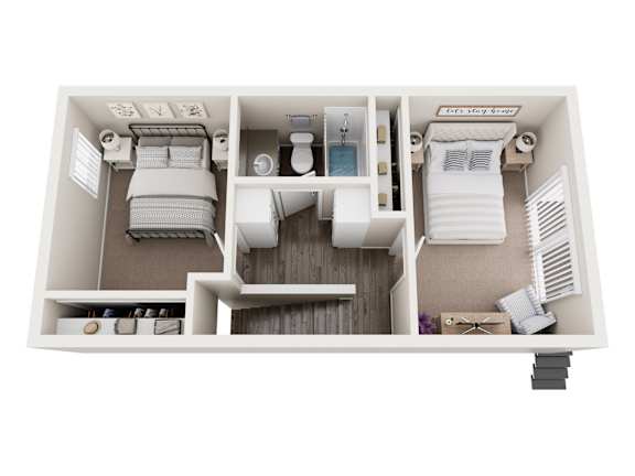 A top-down view of a small, neatly organized bedroom with a bed, dresser, and nightstand.