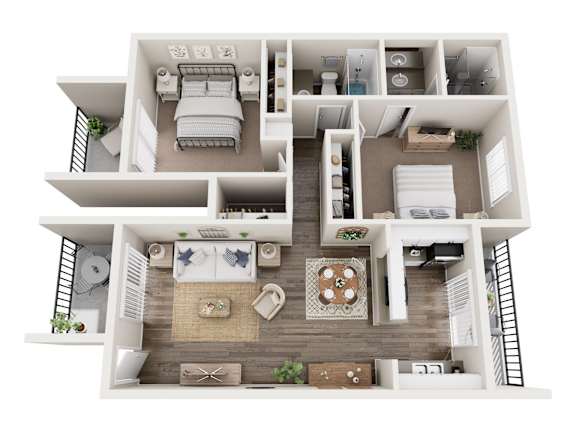 Floor Plan  A 3D floor plan of a house with a living room, kitchen, and bedrooms.