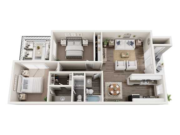 A top-down view of a house layout with a living room, kitchen, and bedrooms.