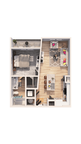 A top-down view of a small apartment with a kitchen, living room, and bathroom.