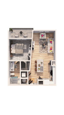 A dollhouse with a kitchen, living room, and bathroom.