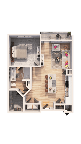A dollhouse with a kitchen, living room, and bedrooms.