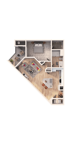 A floor plan of a house with a kitchen, living room, and two bedrooms.