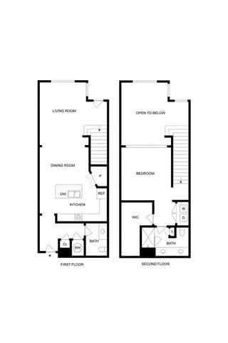 A black and white image of a floor plan for a two-story house.