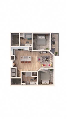 A floor plan of a house with a kitchen, living room, and two bedrooms.