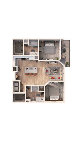 A floor plan of a house with a kitchen, living room, and two bedrooms.