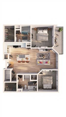A top-down view of a small apartment with a kitchen, living room, and bathroom.