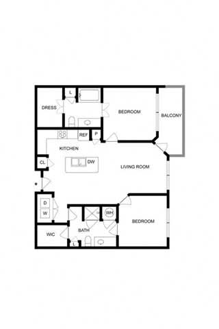 A black and white image of a floor plan for a two bedroom apartment.