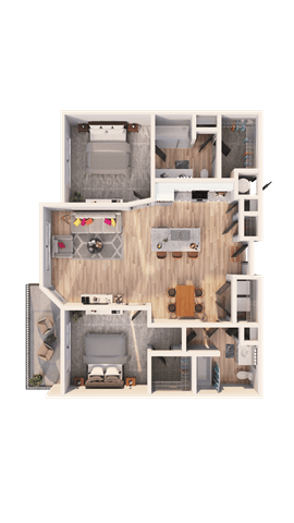 A dollhouse with a living room, kitchen, and bedrooms.