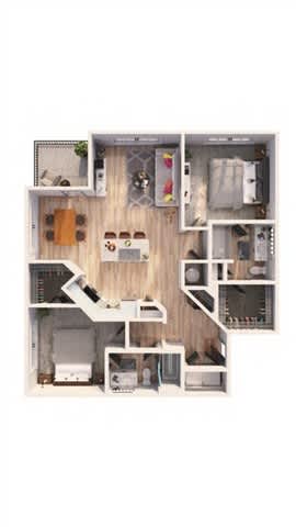 A floor plan of a small apartment with a kitchen, living room, and bathroom.