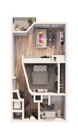 A dollhouse with a white and wood interior and a balcony.