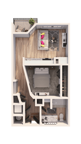A dollhouse with a kitchen and living room.