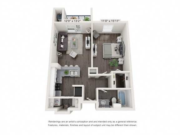 A floor plan of a small apartment with a living room, kitchen, and two bedrooms.