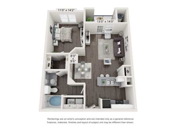 Floor Plan  A floor plan of a small apartment with a kitchen, living room, and two bedrooms.