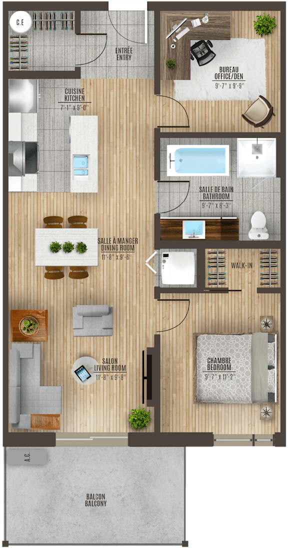 A floor plan of a house with a living room, dining room, kitchen, and bathrooms.