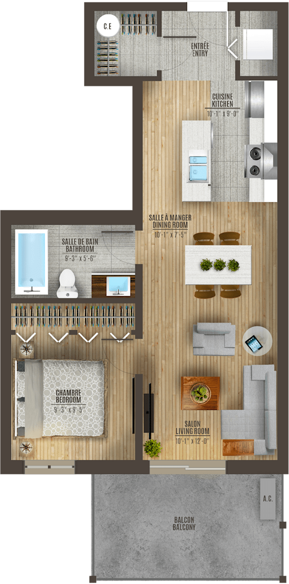 A floor plan of a house with a living room, dining room, kitchen, and bathrooms.