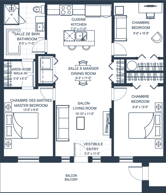 A floor plan of a house with a garage, two master bedrooms, a living room, a dining room, a kitchen, a bathroom, and a balcony.