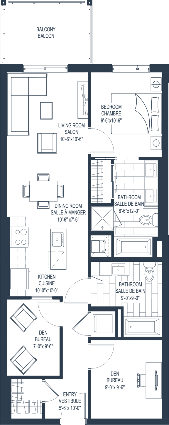 A floor plan of a house with a balcony, two bathrooms, a kitchen, a dining room, and a living room.