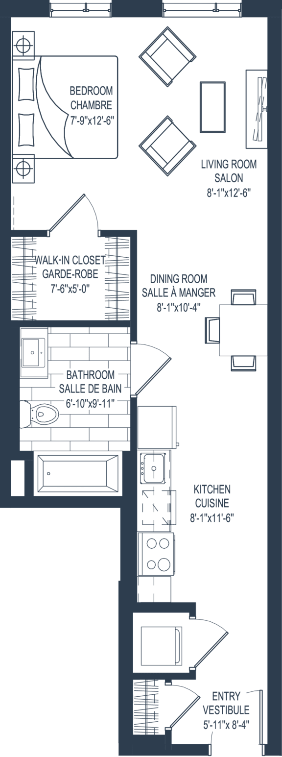 One bedroom 1 bathroom apartment floor plan at Petries Landing II Apartments, Ottawa, K4A 0S8