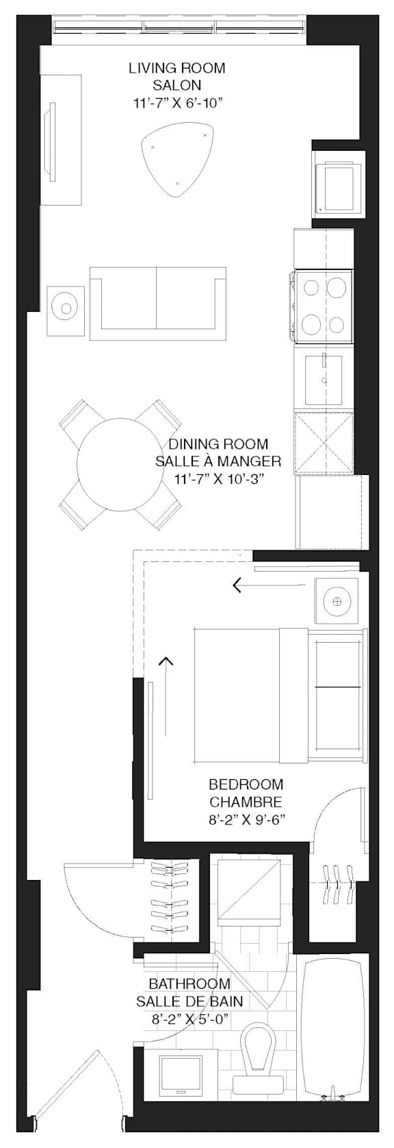 A floor plan of a house with a living room, dining room, bedroom, and bathroom.