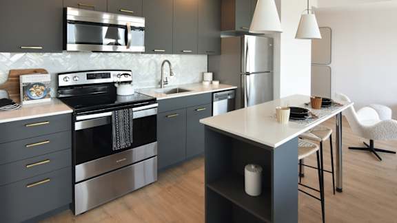 Modern kitchen with stainless steel appliances at 929 Richmond Apartments, Ottawa, K2B 6R1