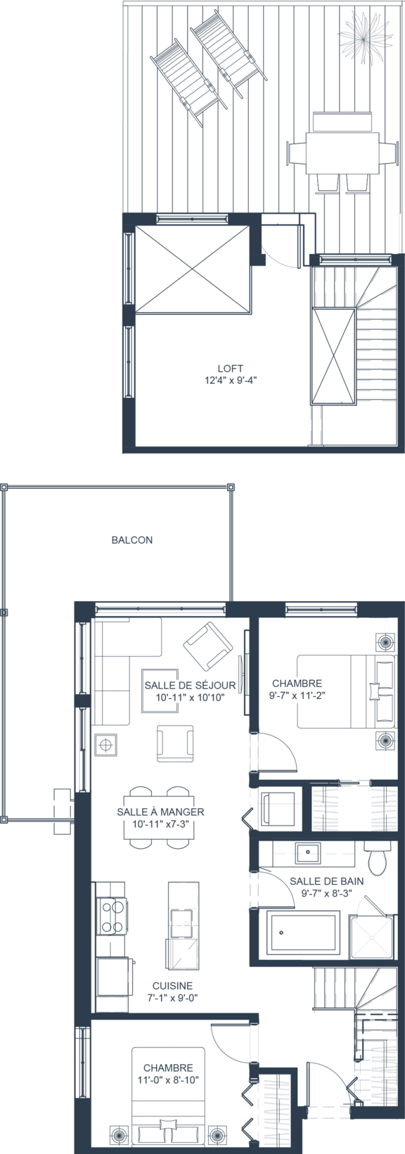 A floor plan of a house with a living room, kitchen, and two bedrooms.