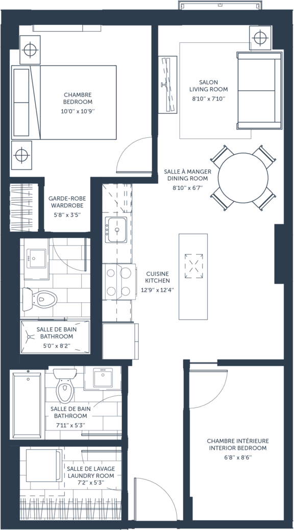 A floor plan of a house with a living room, kitchen, and bathrooms.