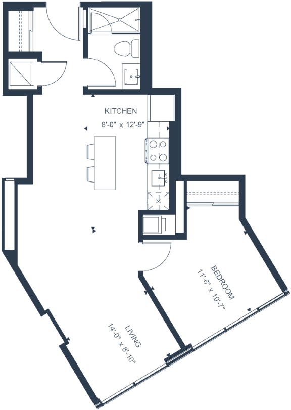 A floor plan of a house with a kitchen, living room, and bedroom.