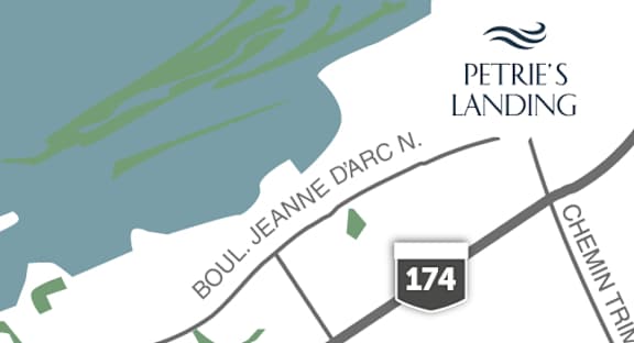 A map shows the location of Petrie's Landing at the intersection of Boul. Jeanne d'Arc N. and Chemin Trin.