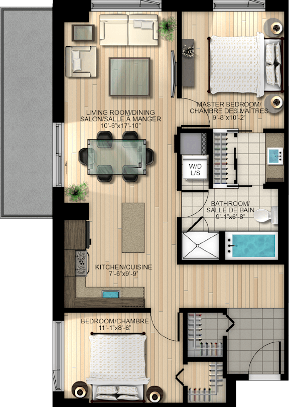 A floor plan of an apartment with a living room, kitchen, and two bedrooms.