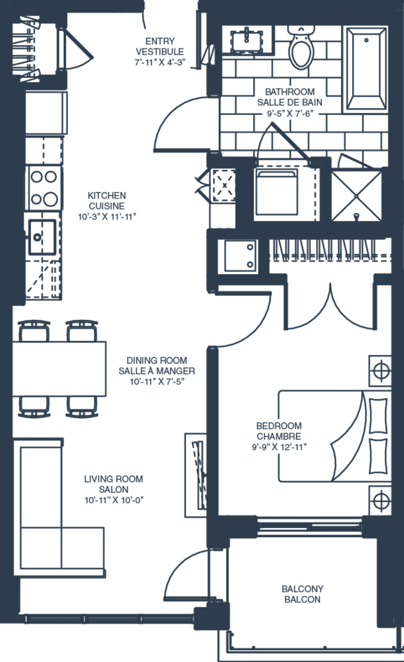 One bedroom 1 bath apartment floor plan at Baseline Apartments, Ottawa, ON K2H 0C9