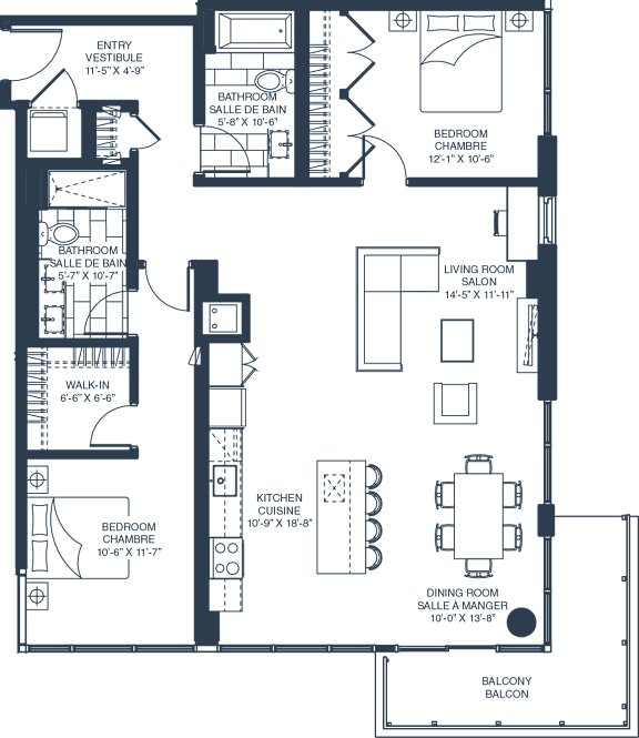 Two bedroom 2 bath apartment floor plan at Baseline Apartments, Ottawa, ON