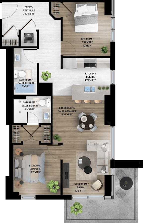 2D floor plan with two bedrooms at Baseline Apartments, Ottawa, Ontario