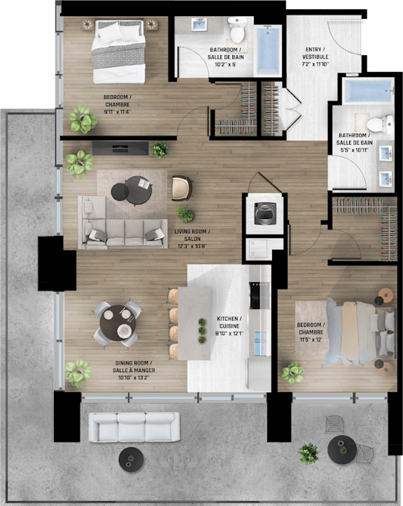 A floor plan of a house with a living room, dining room, kitchen, and bathrooms.