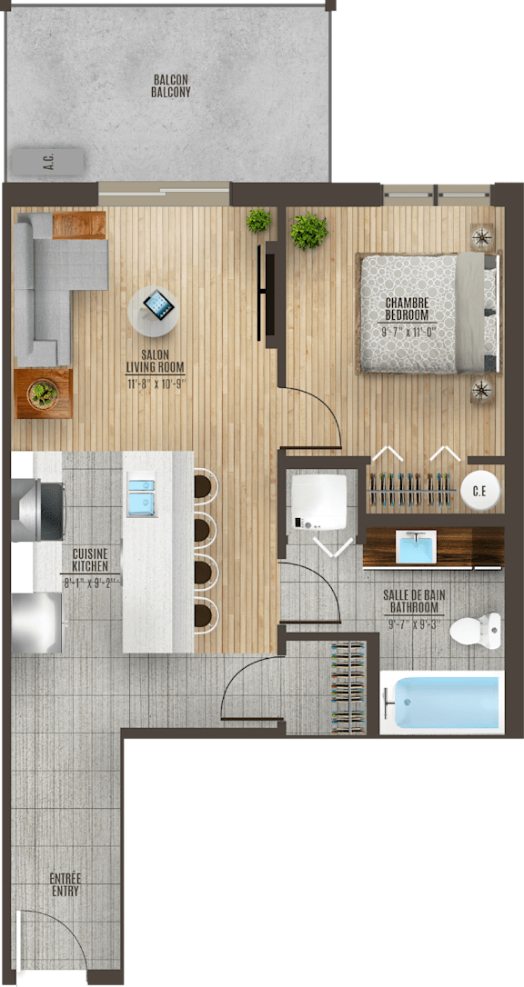 A floor plan of a building with a living room, dining room, kitchen, and bathrooms.