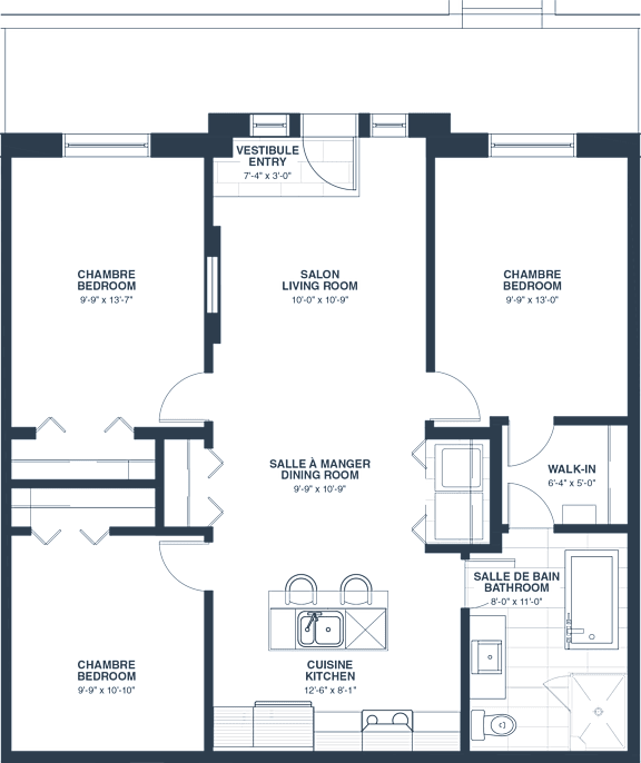 A floor plan of a house with a living room, two bedrooms, a kitchen, a dining room, a hallway, and a bathroom.