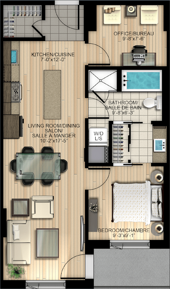 A floor plan of an apartment with a living room, dining room, kitchen, and bedrooms.