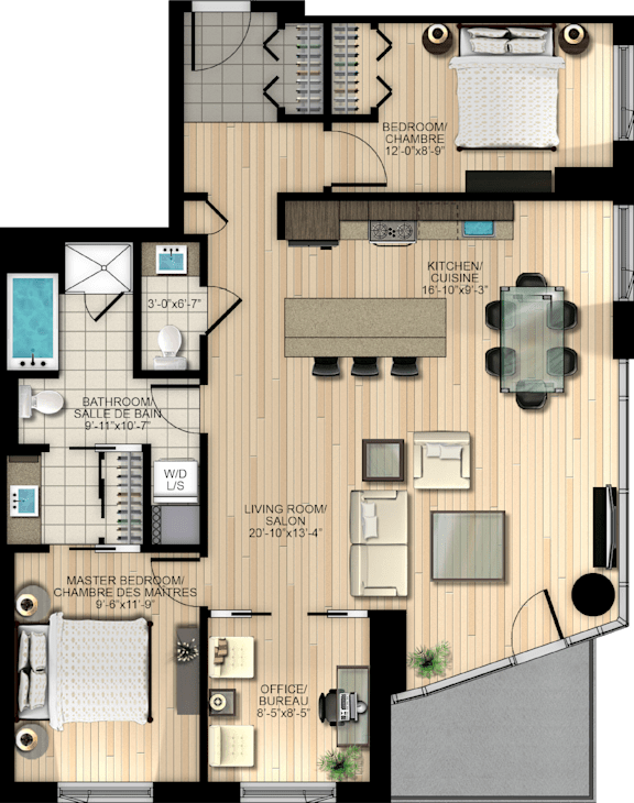A floor plan of an apartment with a living room, kitchen, and bedrooms.